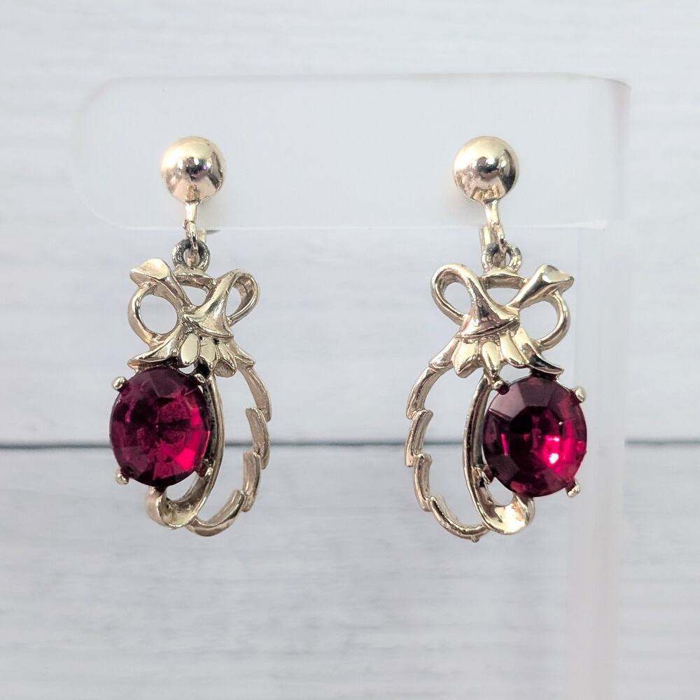 Vintage Screw On Earrings Regal Gold Tone & Red Gem Dangle Statement